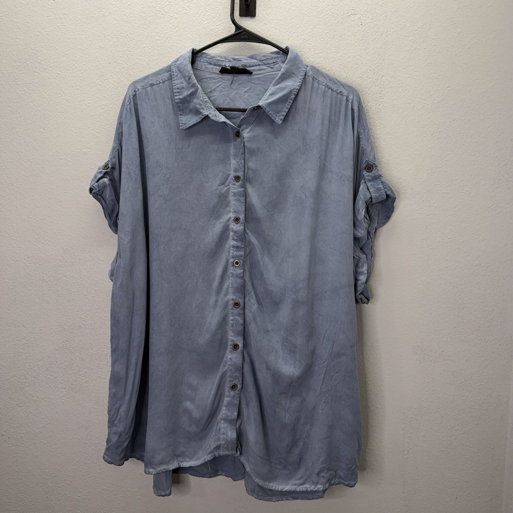 Jane + Delancey Blue Mineral Wash Button Up Shirt Tunic Top Short Sleeve SZ 3XL